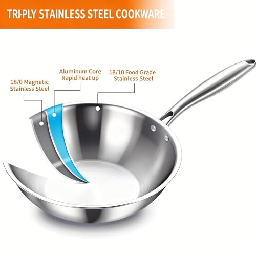 Delarlo 12-Inch Tri-Ply Stainless Steel Wok with Lid - Single Handle