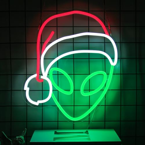 CKTBLEY Christmas Alien Neon Sign with Santa Hat (Red, Green, White) USB LED for Bedroom Decor