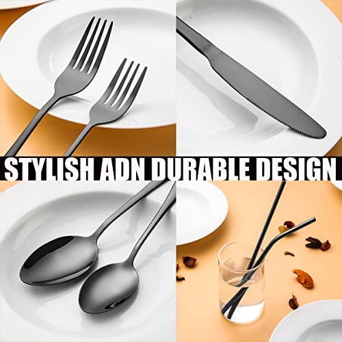 Gutuwellea Black 84-Piece Stainless Steel Flatware Set for 12 with Straws - Dishwasher Safe