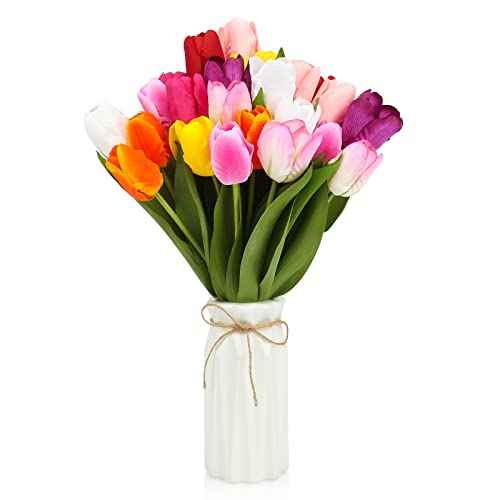 27pcs Colorful Artificial Flowers Tulips, Tulips with 1pc Plastic Vase, Fake Flowers Real Touch Flower 13.9", Christmas, Mother's Day, Easter, Valentine's Day, Family Kitchen, Wedding Decorations