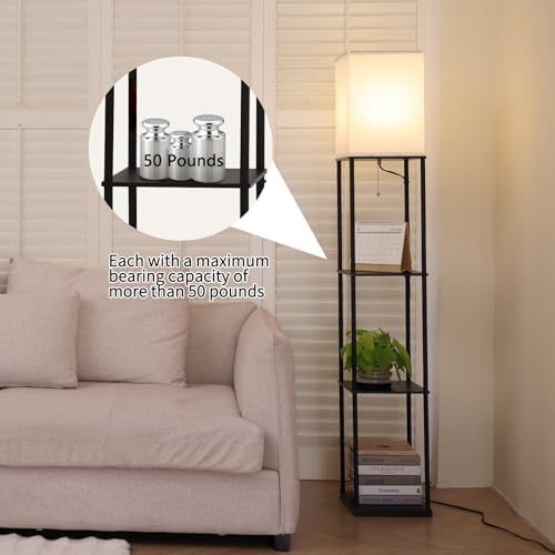 Black Floor Lamp with Shelves - Modern Corner Standing Bookcase & Lighting
