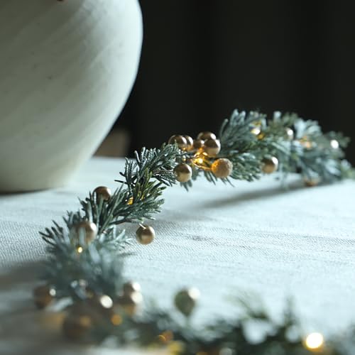 Sunset Home 6.5Ft Battery-Operated Christmas Garland with Lights, Gold Berries & Remote, Indoor Outdoor