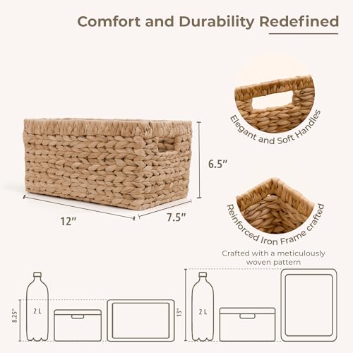 KOKODO Natural Water Hyacinth Wicker Storage Basket Set of 2 - Medium, 12.5"L x 7.5"W with Handles & Chalkboard Labels for Pantry & Home Organization