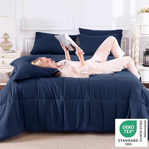 Full Size Comforter Set with 7 Pieces - Navy Blue Bed in a Bag, 82x86 Variation