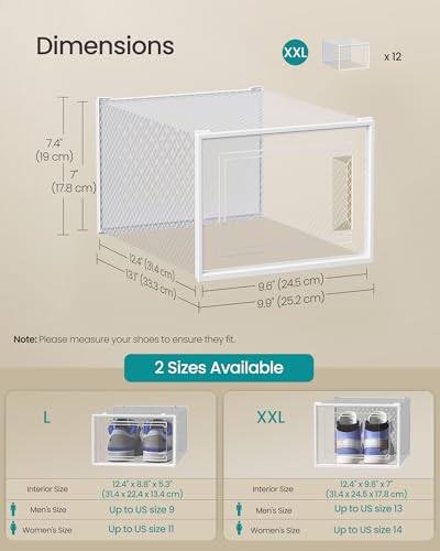 SONGMICS XXL Clear Plastic Shoe Boxes - Pack of 12, White & Transparent