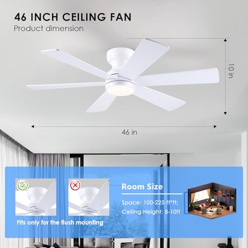 Asyko 46-Inch White 6-Blade Modern Ceiling Fan with Light & Remote - Reversible Motor