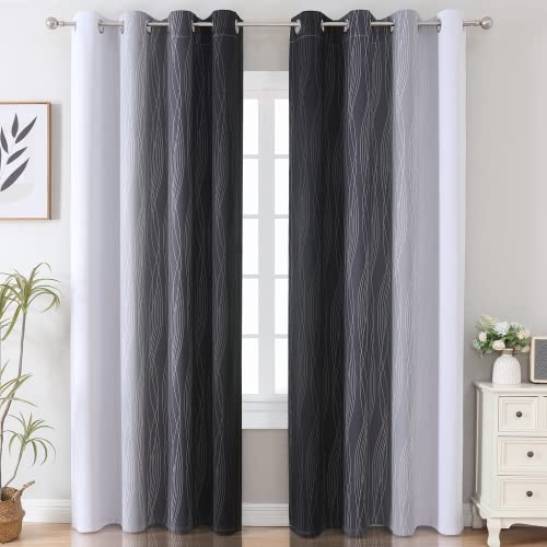 Black and Greyish White Ombre Blackout Curtains for Bedroom 52x84 Inch - Pack of 2 - Modern Wavy Line Design