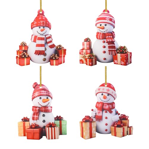 Christmas Tree Snowman Hanging Ornament: 4pcs Acrylic Cute Funny Xmas Decorations with String for Party Favors, Wreath Decor, Key Pendant, Housewarming Presents, Santa Stocking Filler, DIY Crafts