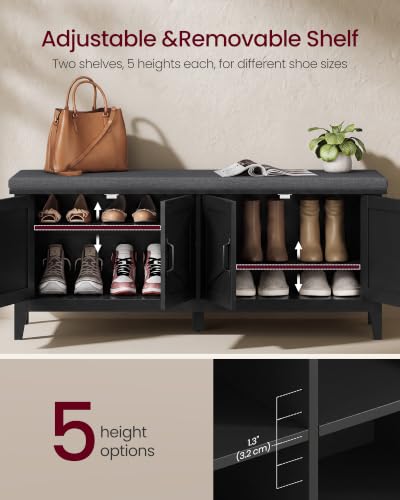 VASAGLE Farmhouse Entryway Shoe Bench with Cushion, 47.2-Inch Ink Black & Slate Gray