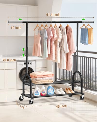 Heavy Duty Clothes Rack with 2 Shelves - Black, Adjustable & Mobile