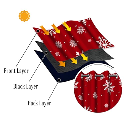Red Xmas Blackout Curtains 42x84 in 2 Panels - Christmas Snowflake Thermal Insulated Drapes