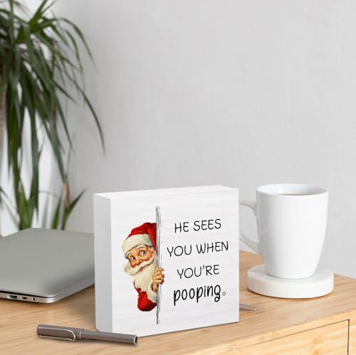 HYKDFMNCJ 028 Funny Christmas Santa Bathroom Box Sign 5x5 in – Desk Decor
