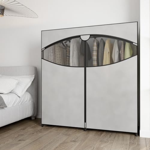 Light Grey 60-Inch Portable Clothes Closet with Cover & Metal Rack