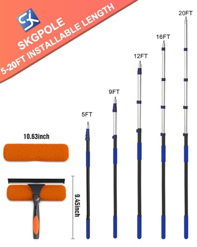 20FT Telescoping Window Squeegee Kit with 2-in-1 Glass Cleaner & Cobweb Duster