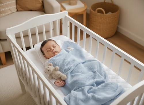 Heritage Knit Baby Quilt Blanket - Sky Blue Organic Cotton for Boys - Variation 01