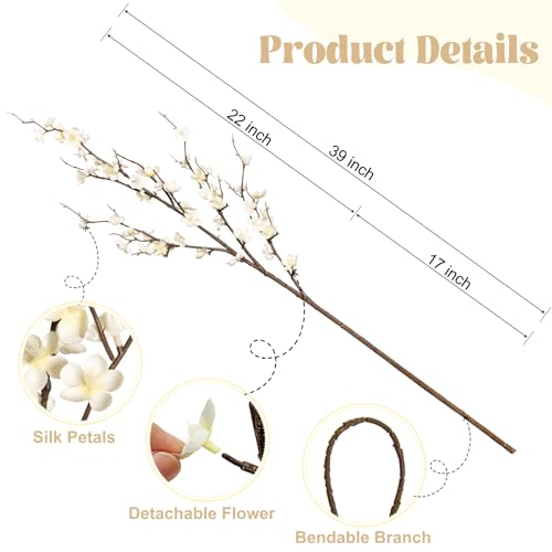 Artificial Cherry Blossom Branches - White, 4 Long Silk Flowers for Indoor Decor & Weddings