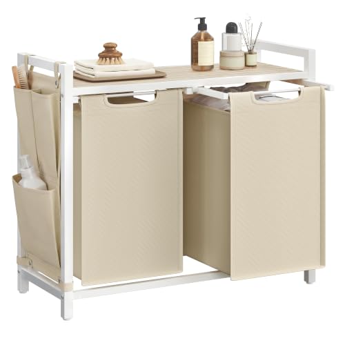 Laundry Hamper with Shelf and 2 Removable Bags - Cappuccino Beige + Natural Beige, 92L
