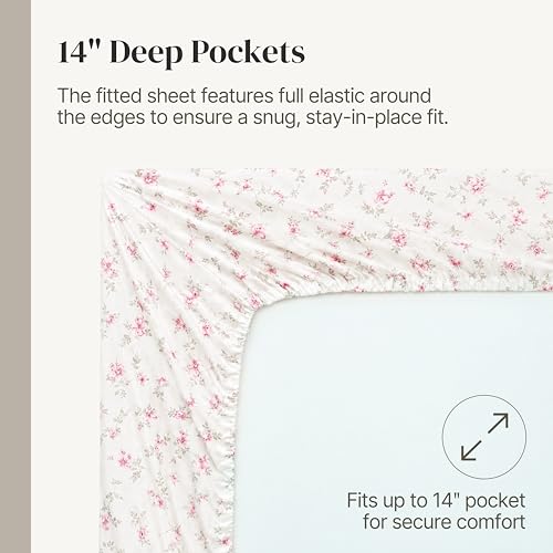Queen Microfiber Bed Sheets Set - Floral Rose Pattern, Wrinkle-Free, Deep Pockets