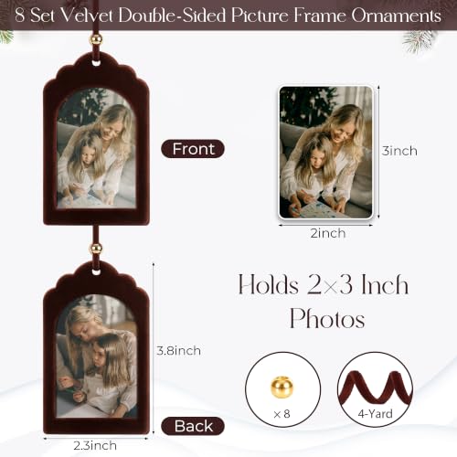 UNIQOOO 2x3 Inch Chocolate Brown Velvet Arch Photo Frame Ornaments – 8 Pack Christmas Hanging Double-Sided