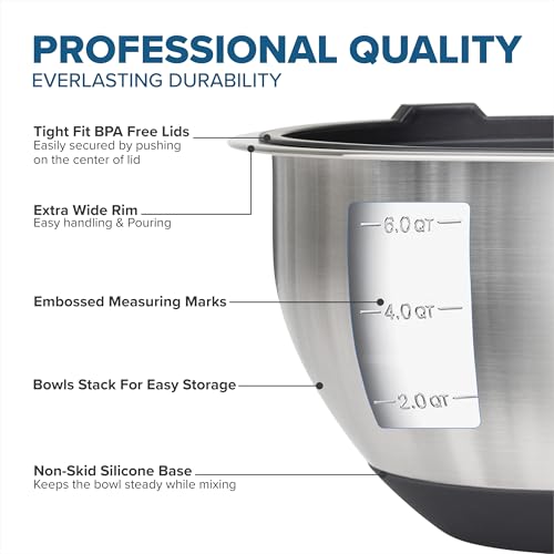 Viking 10-Piece Stainless Steel Mixing Bowls Set with Non-Slip Silicone Base - Black
