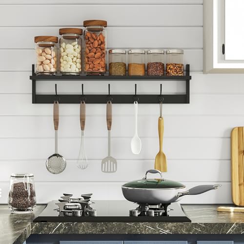 Wall-Mounted Shelf with Hooks - 28.9 Inch Entryway Hanging Storage Black - Variation of Black-28.9IN