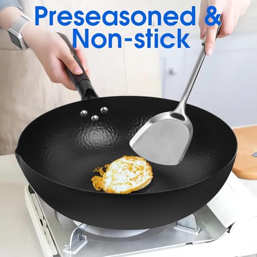 12.5 Inch Carbon Steel Wok with Wooden Lid - Pre-Seasoned for Electric, Induction & Gas Stoves