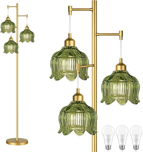 Vintage Floor Lamp with 3 Glass Flower Shades - Tall Gold Mid-Century Modern Standing Lamp with Amber Green Variation