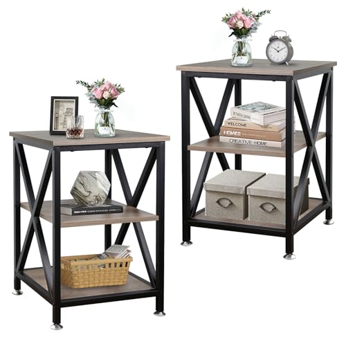 Set of 2 End Tables for Living Room - 16 x 16 x 24 Inches with Storage Shelf, Farmhouse Style, X-Shaped Night Stands