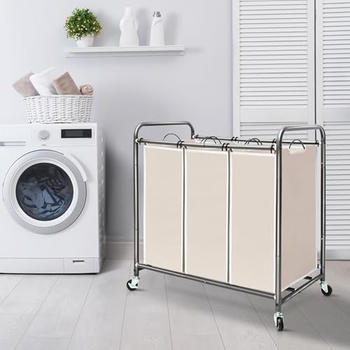 Beige 3-Section Laundry Sorter with Wheels - Storage Maniac Heavy Duty Hamper