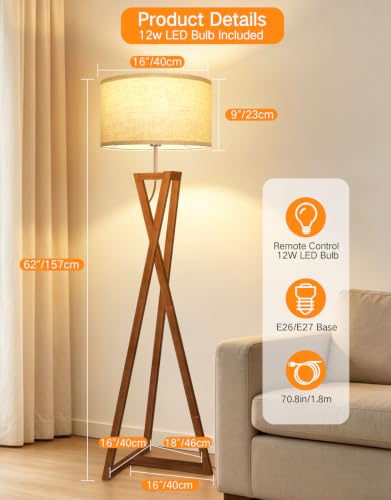 OUTON 62-Inch Wooden Tripod Floor Lamp with Remote, Dimmable Mid-Century Modern Amber Walnut