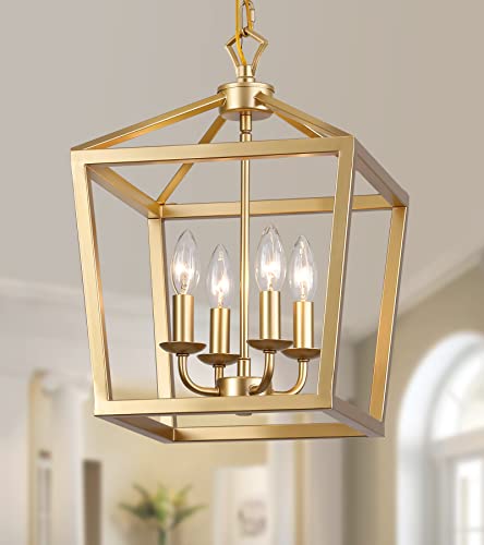 Gold Lantern Pendant Light Fixture with 4 Lights for Kitchen Island Dining Room Hallway