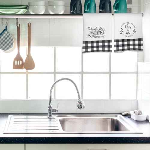 Honoson 4 Pcs Christmas Kitchen Dish Towels Farmhouse Hand Tea Towels Absorbent Quick Dry Dish Cloths Polyester Cleaning Cloth for Christmas Home Gifts Kitchen Supplies(White and Black,Plaid Style)