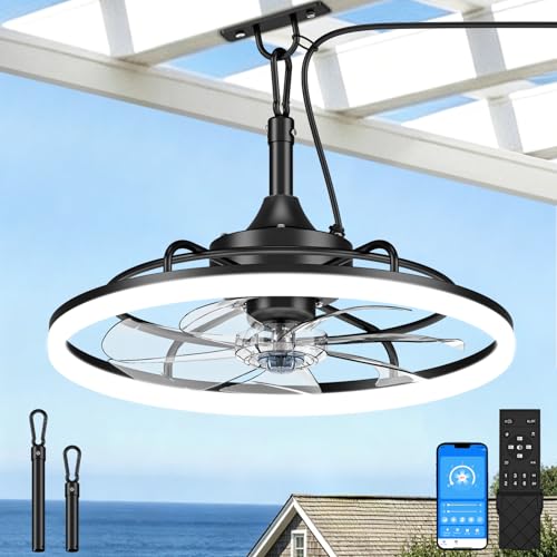 VOLISUN Black 19.7-Inch Outdoor Ceiling Fan with Light, Dimmable, Weatherproof, Remote & App Control