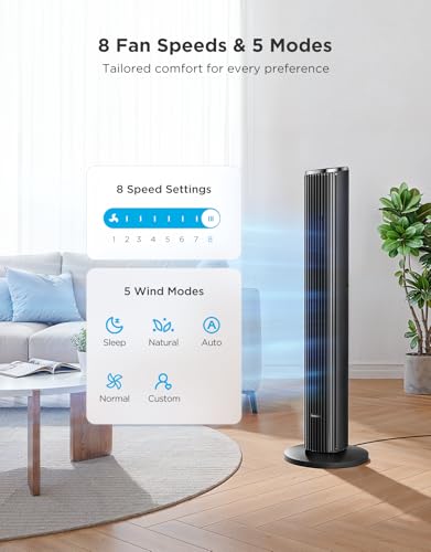 GoveeLife Black Tower Fan with Wi-Fi Control, 5 Modes, 8 Speeds, 25ft/s