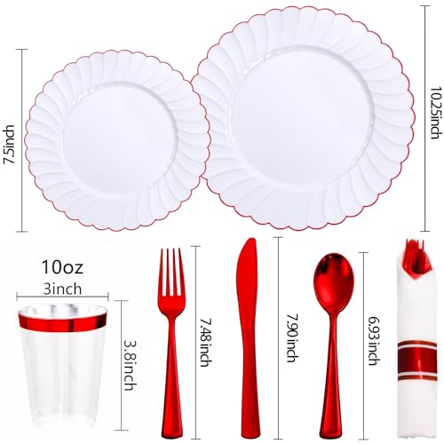 YOUBET 350PCS White and Red Scalloped Plastic Plates for Weddings (Red Variant)