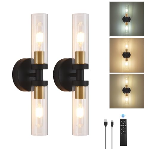 Black Gold Battery Operated Wall Sconce Set of 2 with 330° Rotation & Dimmable 3000K-6000K Bulbs Included