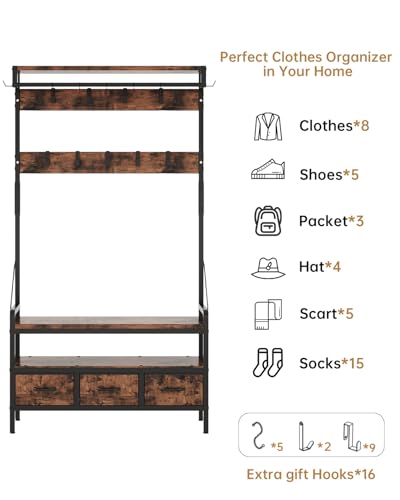 Entryway Hall Tree with Bench, Shoe Storage, 16 Hooks & 3 Drawers