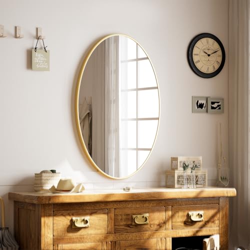 VooBang Gold Oval Bathroom Mirror, 24 x 32 inch Modern Oval Wall Mounted Vanity Mirror with Tempered Glass Hanging Horizontally or Vertically, Gold