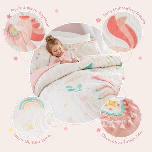 Kids Unicorn Pink Quilt Set 3pc Full/Queen Girls Bedding with Whimsical Tassels