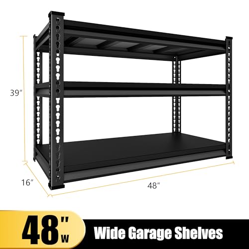 48-Inch Heavy Duty Garage Shelving Unit - 1500LBS Capacity, 3-Tier Metal Storage Rack, Adjustable Black Industrial Shelves (SDXYSTCE)