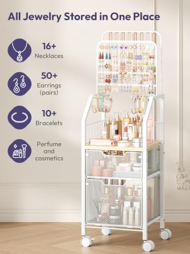 White Rolling Jewelry & Makeup Organizer Cart with Large Drawer - Metal