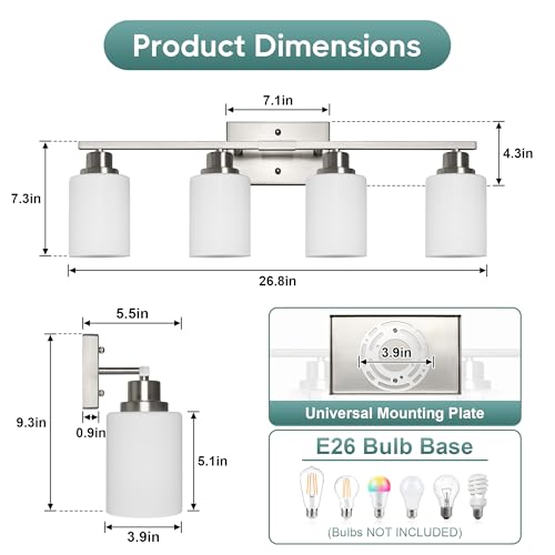 Brushed Nickel 4-Light Vanity Fixture Over Mirror with Frosted Glass Shades - Wall Sconce for Bathroom & Living Room - Variation of Brushed Nickel / 4-Light