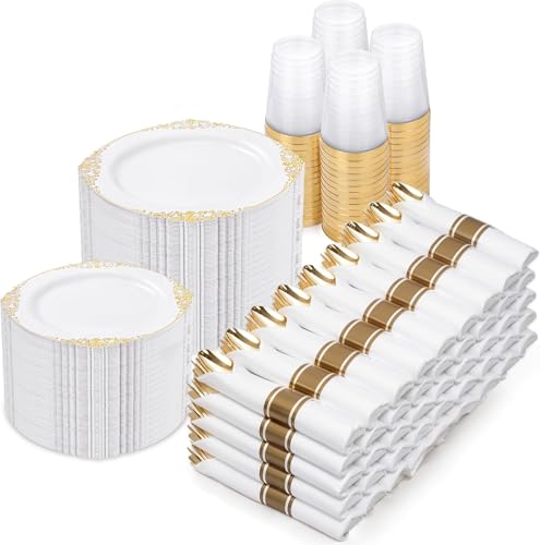 Nervure 700pcs Gold Plastic Dinnerware Set for 100 Guests - Disposable Plates & Utensils