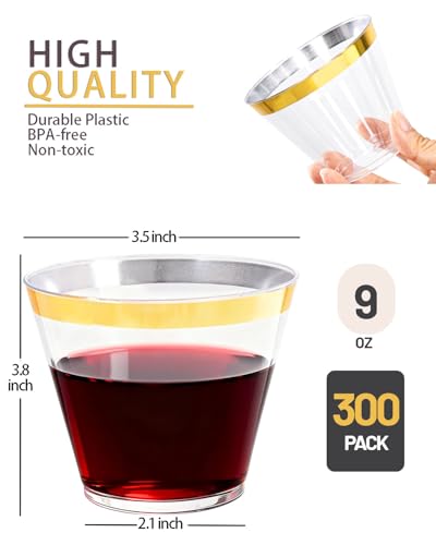 Ciaell 300 Pack Gold Rimmed Plastic Cups 9oz Disposable Party & Wedding Cups