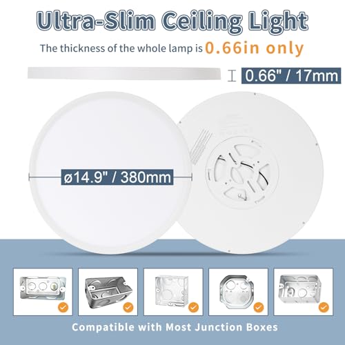White 14.9 Inch LED Flush Mount Ceiling Light 5CCT 32W 3343LM - 6 Pack