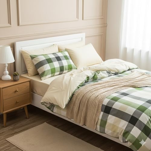 100% Washed Cotton Plaid Duvet Cover Set (1 + 2 Pillowcases, Without