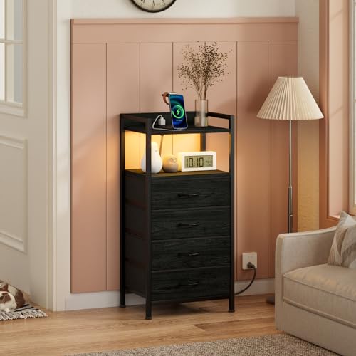 Furnulem Night Stand with Charging Station & LED Lighting, Black Oak, 4 Drawers