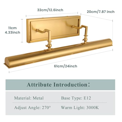 BELS Bronze 24 Inch Hardwired Picture Light for Wall Art with 270° Rotatable Arms, E12 Base, 3-Light Artwork Illumination (Excludes Bulbs)