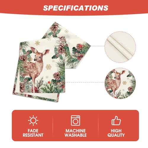 Artoid Mode Reindeer Pine Cone Leaves Christmas Table Runner, Seasonal Winter Floral Kitchen Dining Table Decor for Home Party 13x72 Inch