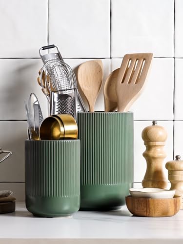 LE TAUCI Ceramic Kitchen Utensil Holder Set - Forest Green, 7.3 & 5.4 Inches, Countertop Organizer